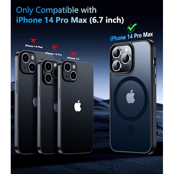 Magneettinen iPhone 16 Pro Max -kotelo, [Sisäänrakennettu näkymätön jalusta][Yhteensopiva MagSafe-tekniikan kanssa] [Sotilastason iskunkestävä] Ohut läpikuultava Black Matte iPhone 14 Pro Max