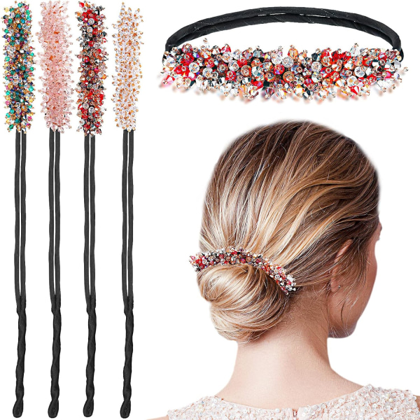 4 Pieces Rhinestone Hair Bun Maker Magic Hair Styling Deft Bun Elegant Easy Bun Maker(Dark Color)