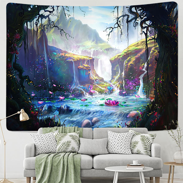 Psykedelisk skog vattenfall gobeläng, stor fantasy vägg gobeläng FairyTale vägg hängande, magiskt land berg tecknad gobelänger