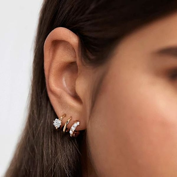 14K Guldpläterade Triple Huggie Illusion Stud Örhängen | Dubbla Huggie Hoop Örhängen för Ett Hål | Guld Hoop Örhängen för Kvinnor