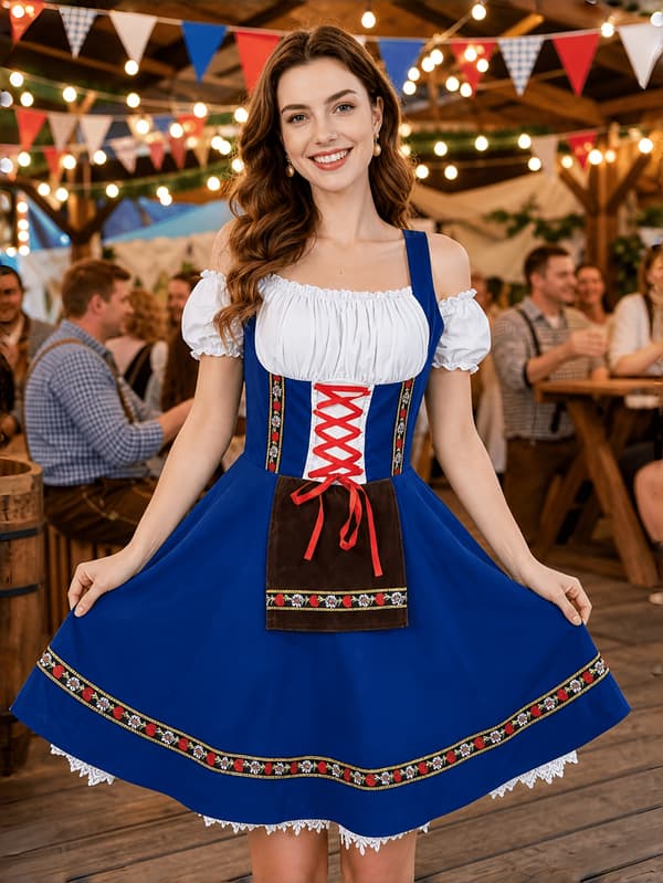 Dirndl-kjole til kvinder, bayersk Oktoberfest-kostume til festival og karneval S S Blue