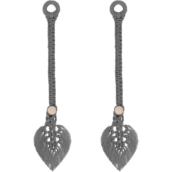2 Pack Bohémska Bomulls Macrame Gardinuppsättningar Fjäder Gardin Klämmor Gardinuppsättningar för Gardiner Dekoration (Grå)