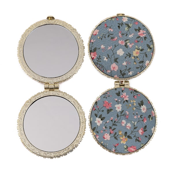 Sminke speil med trykk, antikk kunst, retro blomsterstoff, dobbeltsidig sammenleggbar bærbar mini - Oval oransje (7,5 * 5 cm)