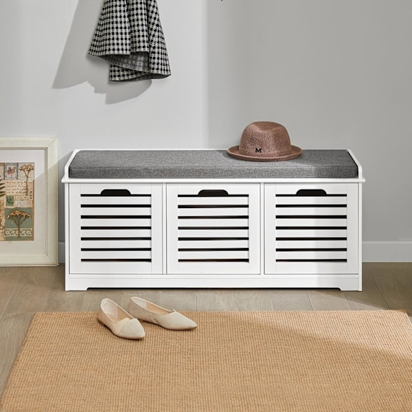 SoBuy Skobänk med 3 korgar, Bänk med skoförvaring,FSR23-W White Bench with 3 baskets