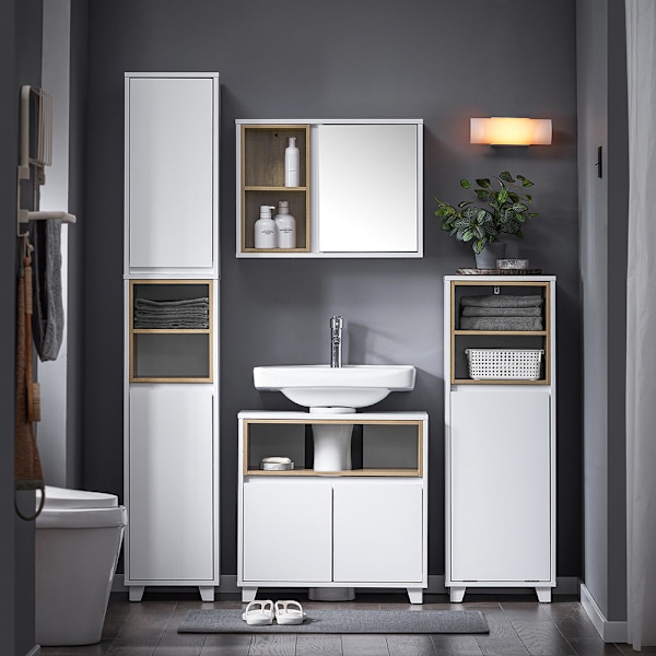 SoBuy Högskåp badrum Hörnhylla med 2 dörrar BZR147-W White High cabinet