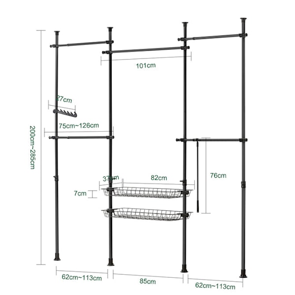 SoBuy, Garderob, Klädstång, Klädställning KLS04-SCH Black Length 209-305cm