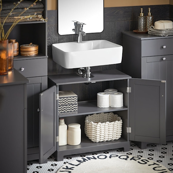 SoBuy Tvättställsunderskåp med 2 dörrar, Badrumsskåp, BZR18-DG Grey Sink cabinet(on wall)