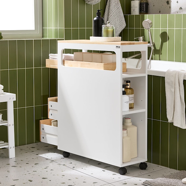 SoBuy Badrumsskåp på hjul Smal hyllenhet med hjul BZR54-II-WN White+Nature 23*65*82cm