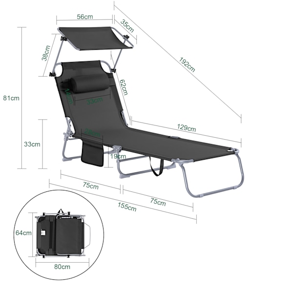 SoBuy solstol, gungstol, hopfällbar strandstol OGS48-SCH Black