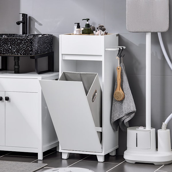 SoBuy kylpyhuone kaappi Pyykkikaappi BZR159-W White Base cabinet with laundry basket