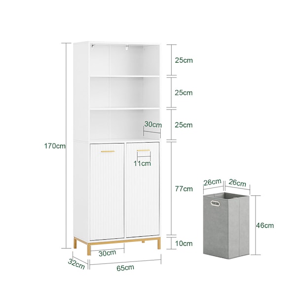 SoBuy Kylpyhuonekaappi pesukorilla Korkea kaappi BZR182-W High cabine twith laundry basket