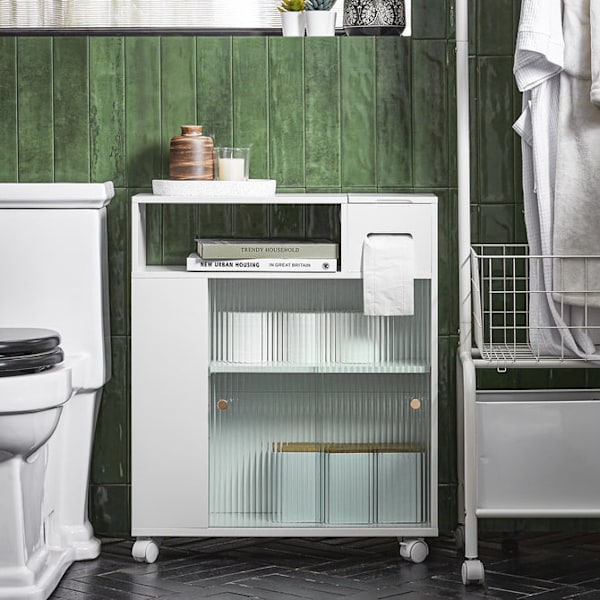 SoBuy WC paperiteline kylpyhuone kaappi pyörien kanssa BZR117-W White Toilet paper holder