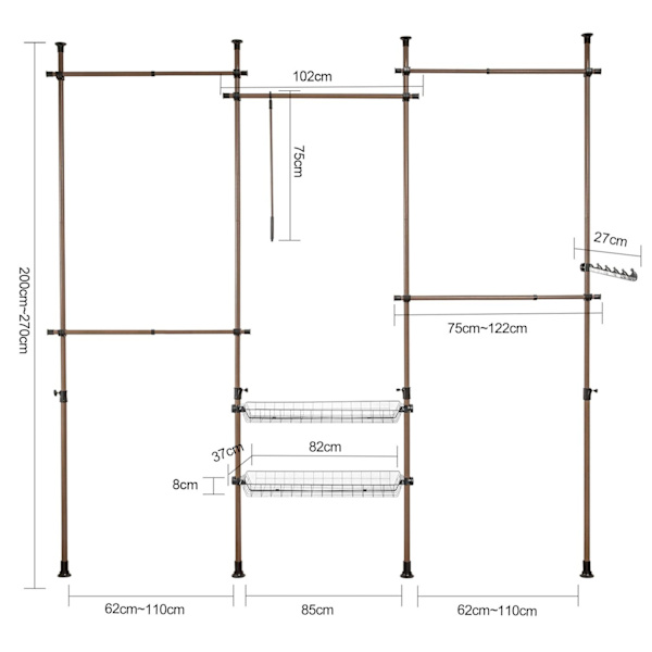 SoBuy Garderob, Klädstång, Klädställning, KLS04-BR Brown Length 209-305cm