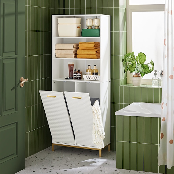 SoBuy Kylpyhuonekaappi pesukorilla Korkea kaappi BZR182-W High cabine twith laundry basket