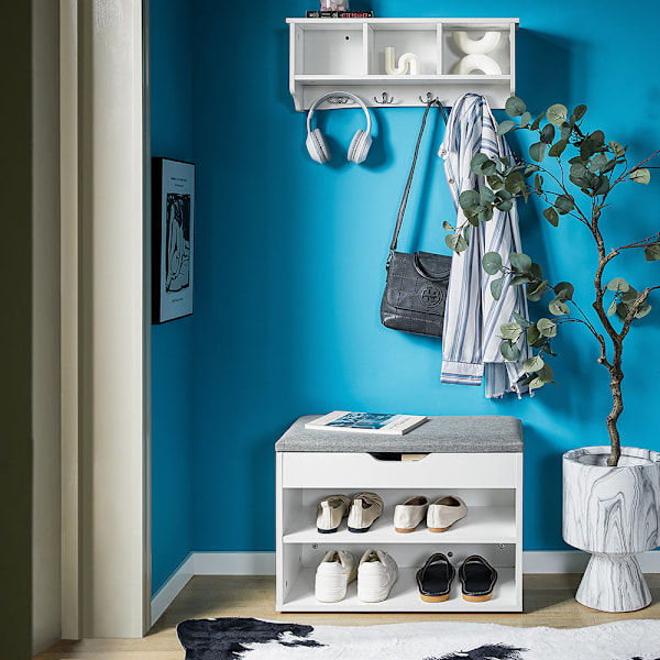 SoBuy, Bänk med skoförvaring, Skobänk med dyna,FSR25-HG White+Gray 60*30*43CM