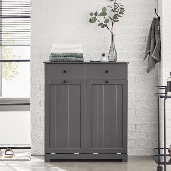 SoBuy Kylpyhuone kaappi pyykkikori Pyykkikaappi BZR33-DG Grey  Laundry cabinet(2 doors)