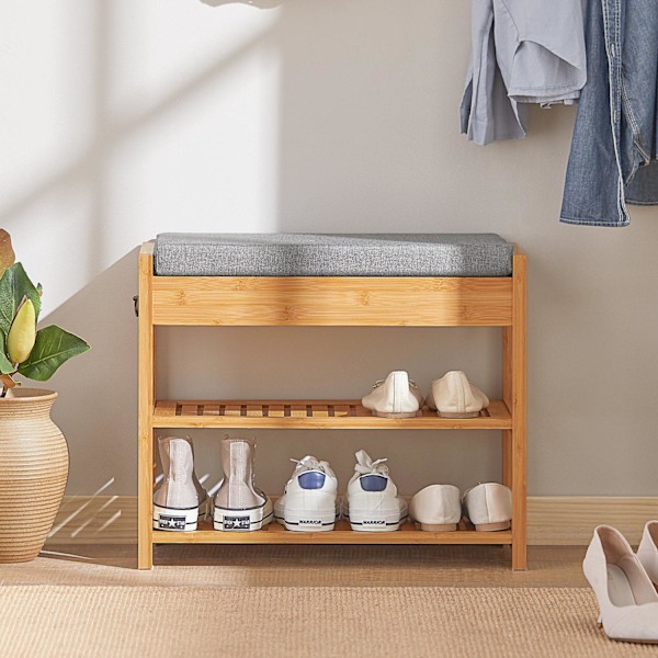 SoBuy Skobænk med hynde Skobænk i træ med grå hynde FSR49-N Bench in length 55cm