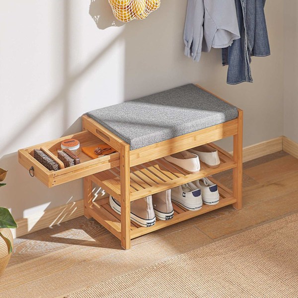 SoBuy Skobænk med hynde Skobænk i træ med grå hynde FSR49-N Bench in length 55cm