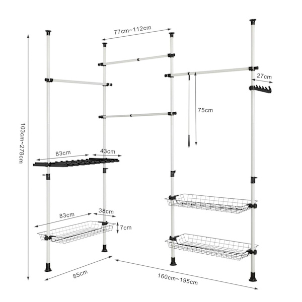 SoBuy Hörngarderob, Klädställning,förvaringsmöbel,FRG38 White Length 322-392cm