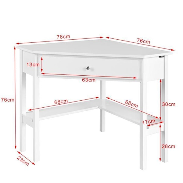 SoBuy Hjørnebord med reol og skuffe , 76*76 cm hvid FWT31-W White