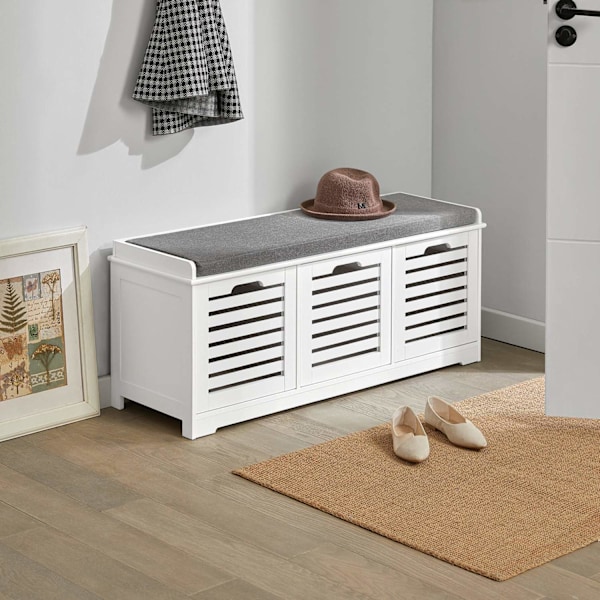 SoBuy Skobänk med 3 korgar, Bänk med skoförvaring,FSR23-W White Bench with 3 baskets