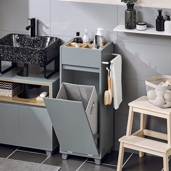 SoBuy Badrumsskåp med tvättkorg Förvaringsmöbel BZR159-DG Gray Base cabinet with laundry basket