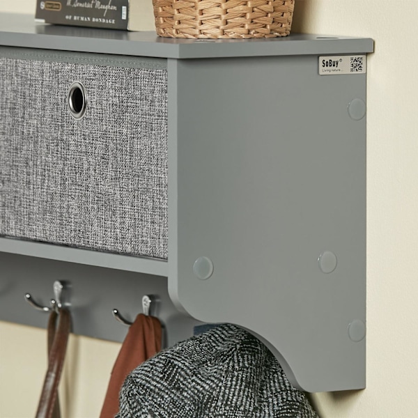 SoBuy Knagerække med 3 kurve og 5 kroge, Væghylde FRG282-HG Gray