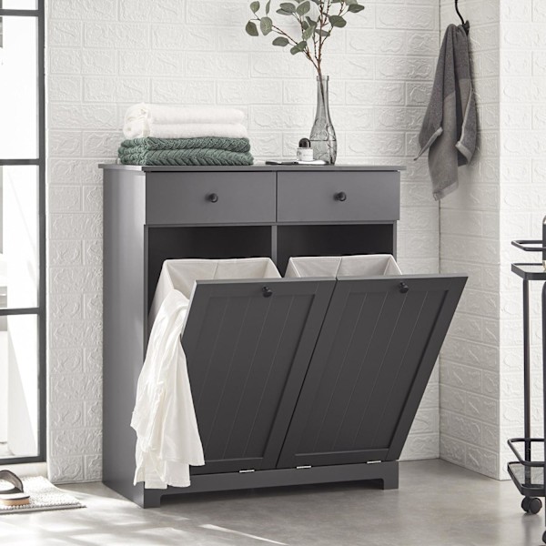 SoBuy Kylpyhuone kaappi pyykkikori Pyykkikaappi BZR33-DG Grey  Laundry cabinet(2 doors)