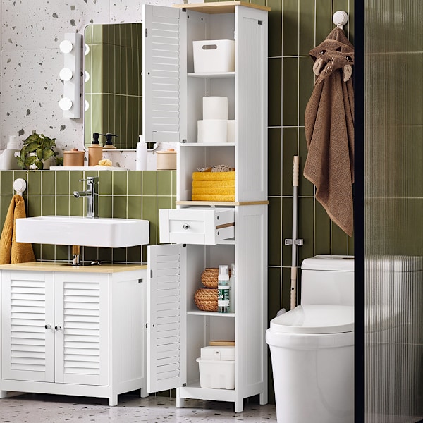 SoBuy Högskåp badrum Hörnhylla 1 lådor och 2 dörrar FRG236-WN White High cabinet