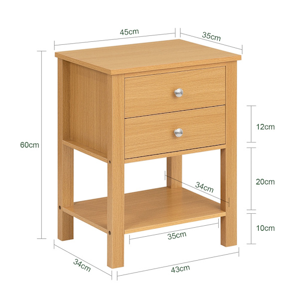SoBuy Sengebord Sidebord 2 skuffe og 1 hylder Sofabord FBT114-N Nature