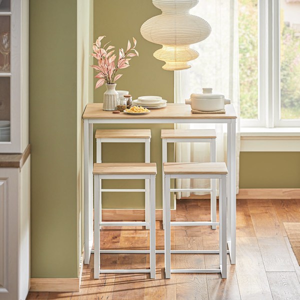 SoBuy Barbord med 4 stole/skamler Køkkenbord Spisebord OGT15-WN White