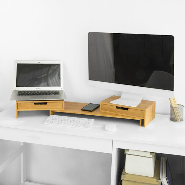 SoBuy Bildskärmsställ Monitorstativet med 2 fack, BBF04-N wood Length 60-107 cm