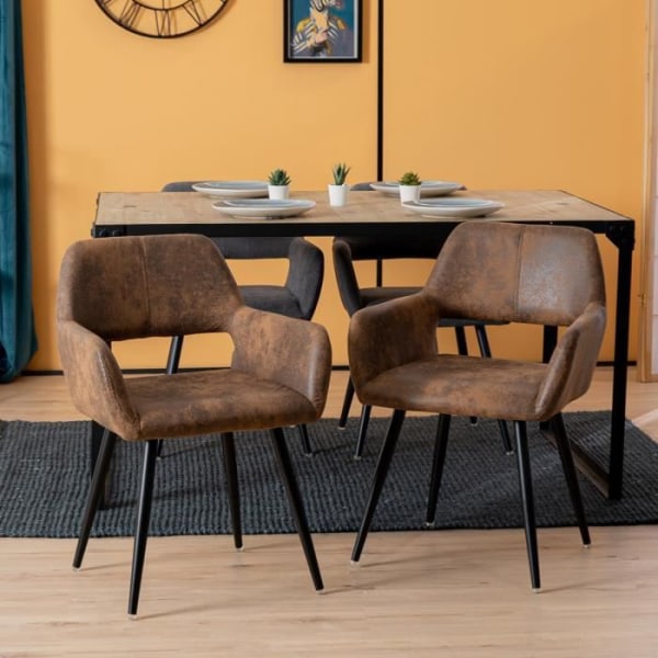 MYSIGA MÖBLER Set med 2 matstolar, brunt mockatyg, svartmålade metallben, vintagestil