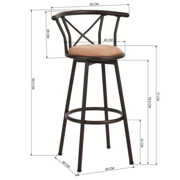 MYSIGA MÖBLER Set med 4 barstolar, industriell stil, 360° vridbar, med ryggstöd och fotstöd, sitthöjd 77 cm Brun 1