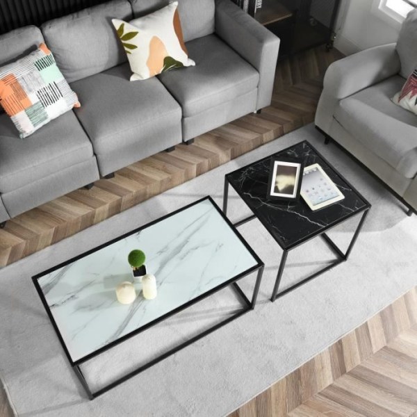 MYSIGA MÖBLER Set med 2 häckande soffbord, skandinavisk stil, svartvita glasskivor med marmoreffekt, metallstruktur