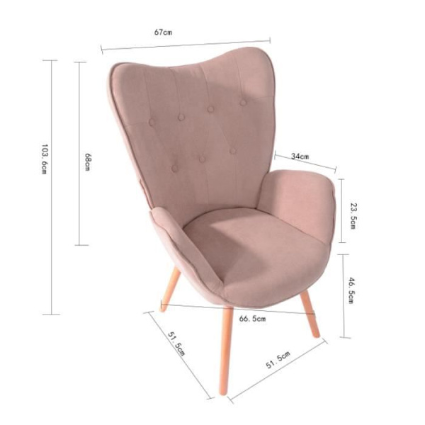 MYSIGA MÖBLER Loungefåtölj - Skandinavisk stil - Rosa tyg och ben i bokträ - 68x73x106cm