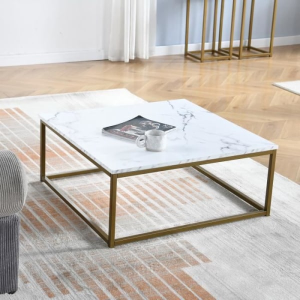 MUEBLES COZY fyrkantigt soffbord, gyllene metallstruktur, MDF-panelskiva med imitation av marmorpappersfinish, skandinavisk stil