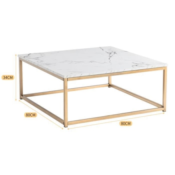 MUEBLES COZY fyrkantigt soffbord, gyllene metallstruktur, MDF-panelskiva med imitation av marmorpappersfinish, skandinavisk stil