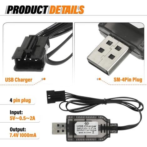 2-delt 7,4V USB-opladerkabel til RC-biler, RC-både, RC-droner, RC-fly og andet fjernstyret legetøj