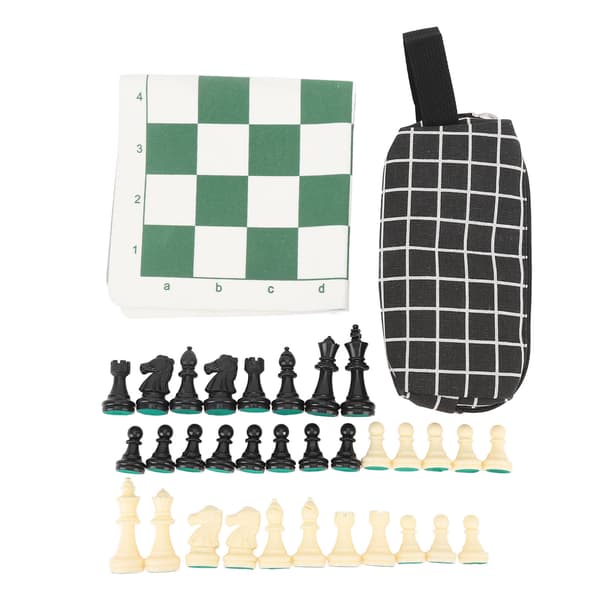 Bärbart schack- och damspel med rullbricka och grön förvaringsväska