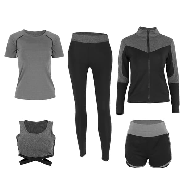 Komfortabelt 5-delt yogasett for kvinner til sportstrening (grå)