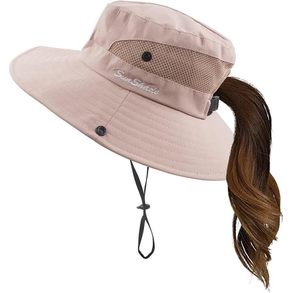 Bøttehatt med bred brem og hestehalehull, UV-beskyttelse, sommer, dame.