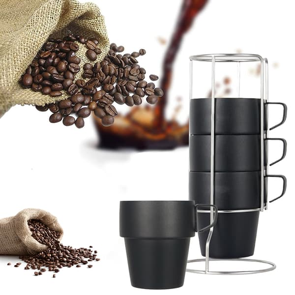 Set med 4 stapelbara kaffekoppar med ställ, 304 rostfritt stål isolerade, för camping