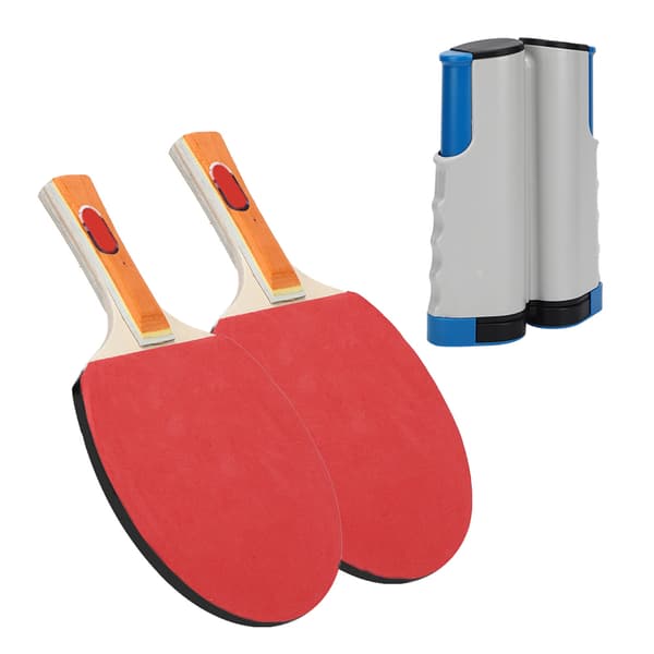 Bärbart bordtennisset med teleskopnät, racketar och 4 bollar, vit och blå