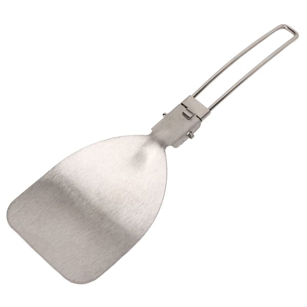 Sammenleggbar stekespade laget av 304 rustfritt stål med låsemekanisme, lett og bærbar for camping og matlaging.