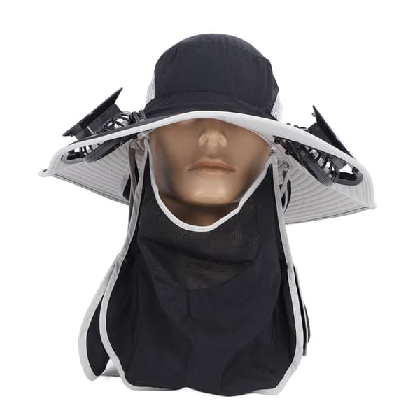 Solarhat med USB genopladelig ventilator, bred skygge, UPF50 beskyttelse til udendørs fiskeri, sort