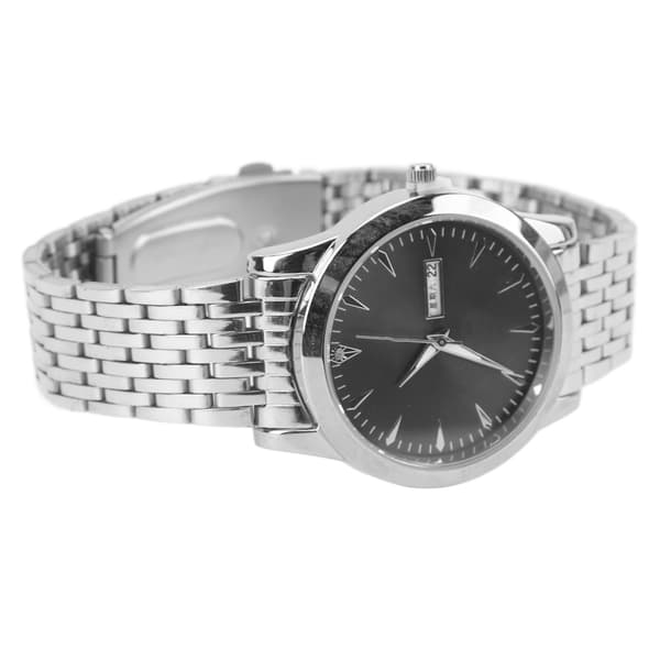 Elegant Klassisk Dual Date Herre Quartz Ur, Rustfrit Stål, Sølv Armbånd, Sort Urskive