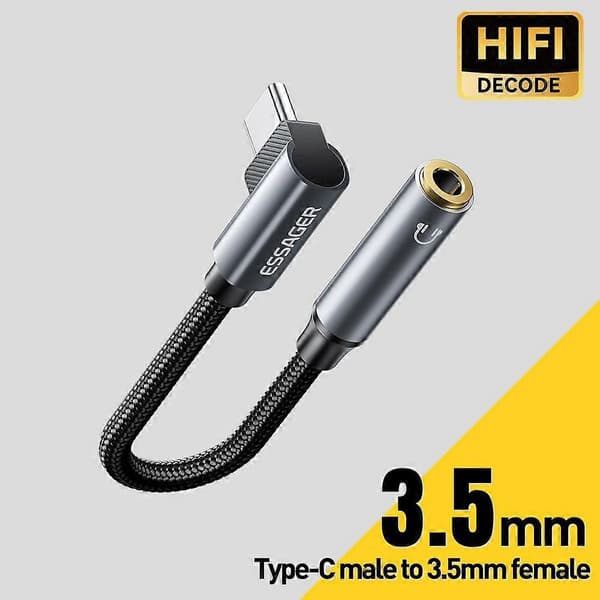 ESSAGER 12cm L-type Type-C hann til 3,5 mm hunn DAC Digital dekoder HiFi lydadapter