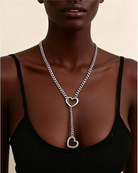 Y-formet choker i rustfritt stål med hjerteformet ring, unisex, punkrock-stil, justerbart Y-formet halskjede.
