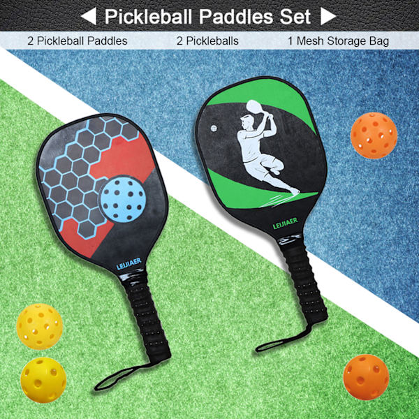 Sæt med 2 træ-pickleballketchere med bolde og netpose til begyndere
